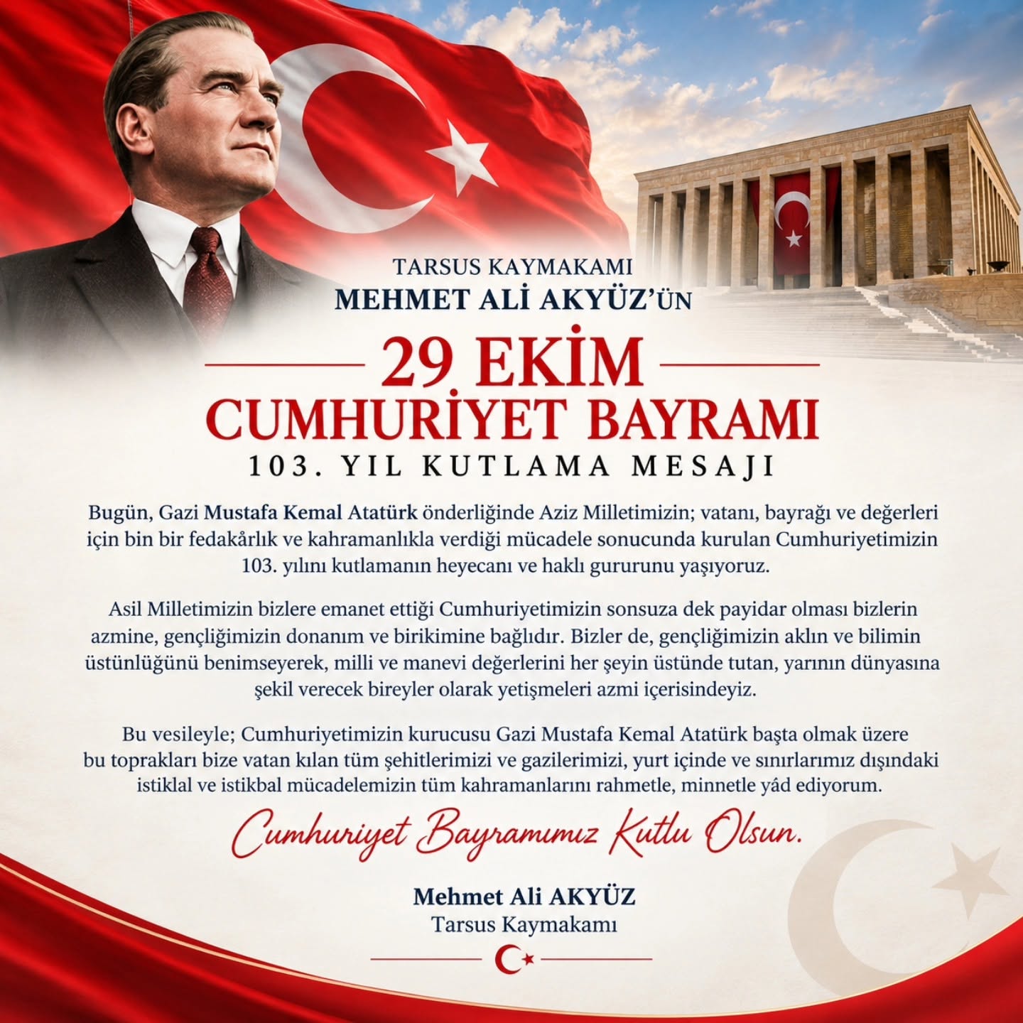 Tarsus Kaymakamı Akyüz'den bayram kutlaması